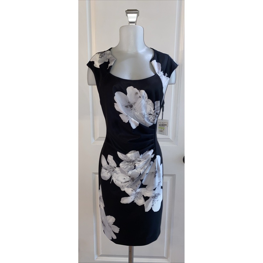 Calvin Klein Black White Gray Floral Print Side-Ruched Sheath Dress 4 NWT